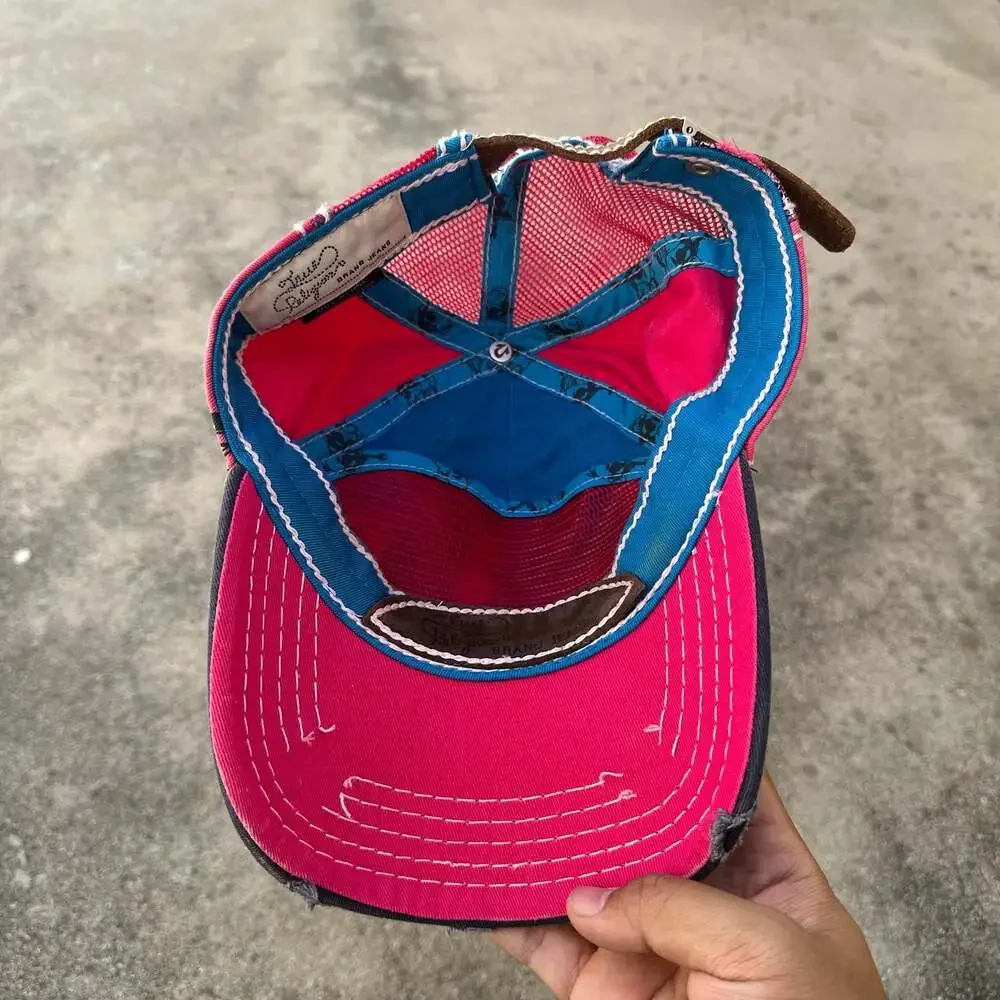 True Religion Rhinestone Distressed Trucker Hat Pink Blue